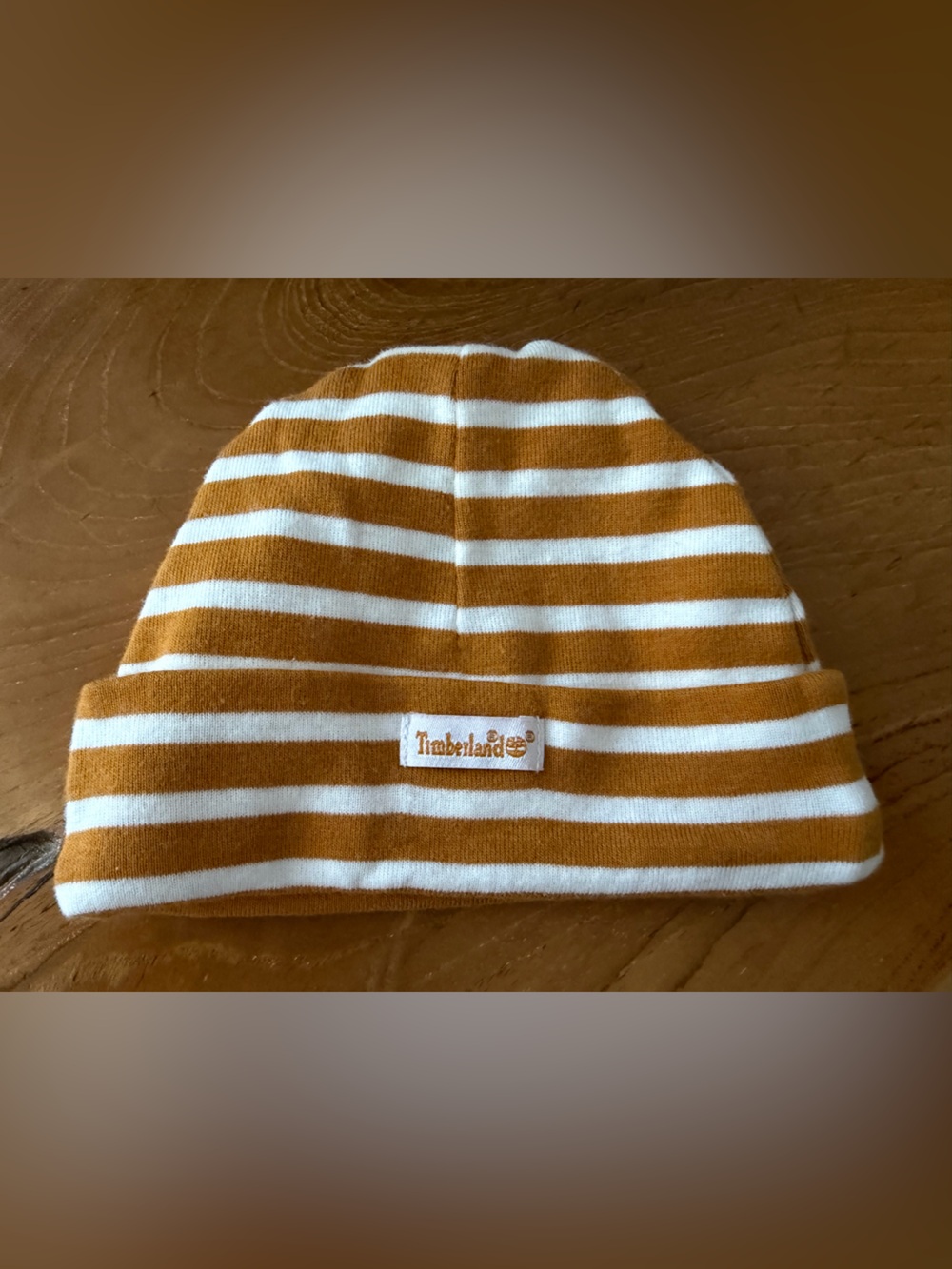 TIMBERLAND BABY/INFANT BEANIE HAT ONE SIZE 3-6 MONTHS TAN/WHITE STRIPE